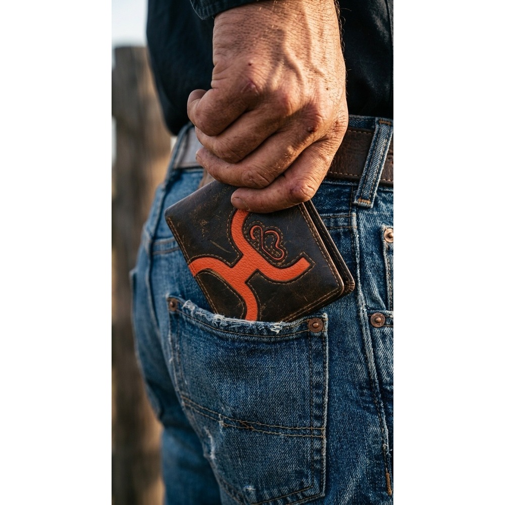 Hooey Men's Distressed Leather Bifold Wallet - Brown & Bright Orange Logo - Picture 5 of 6